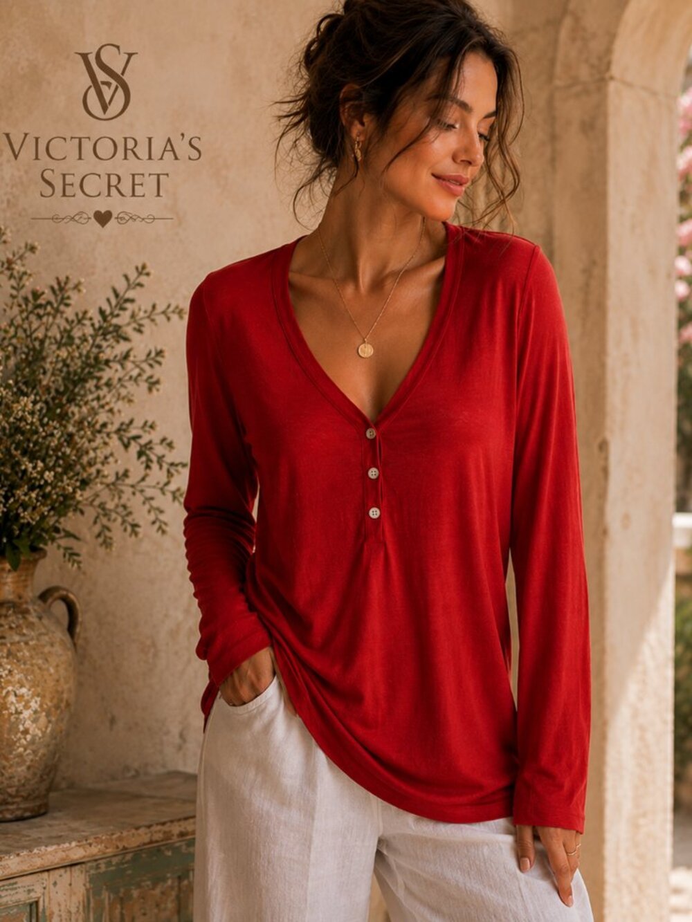 VICTORIA'S SECRET Red Henley Burnout Button-Detail Long Sleeve Lounge Top M